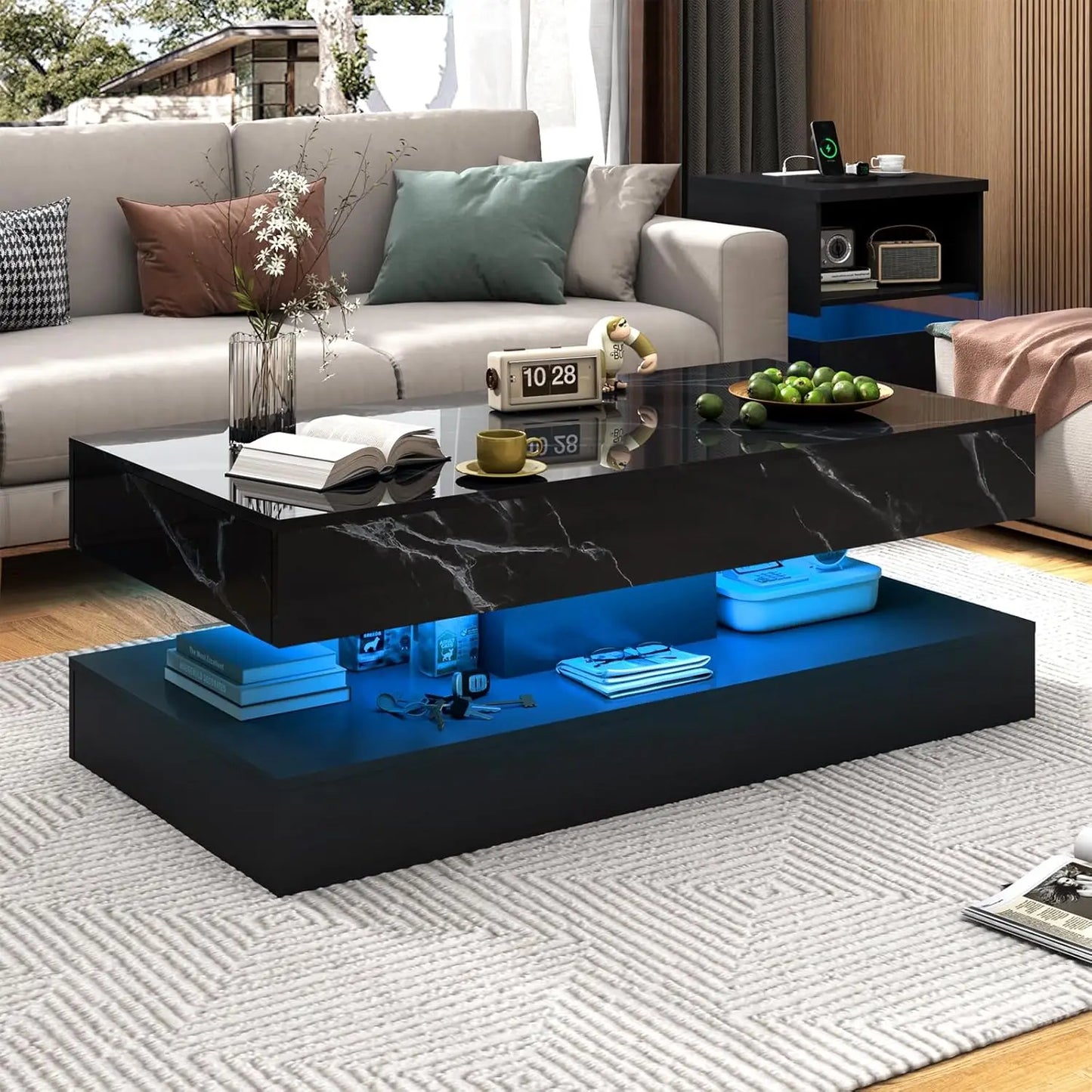 High Gloss LED Coffee Table with Marbling Print and Storage
