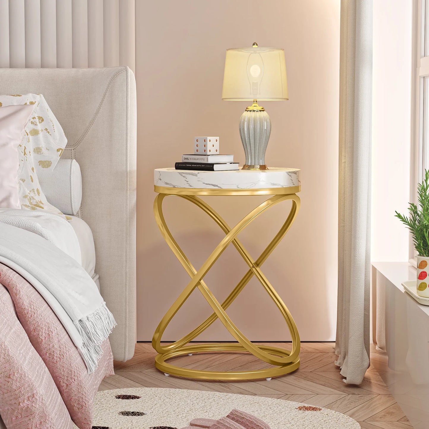 White & Gold Round Side Table with X-Shaped Legs