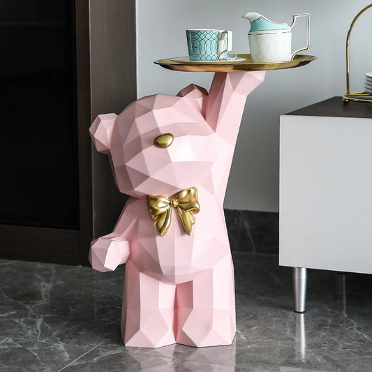 Geometric Cartoon Bear Sculpture with Tray – Stylish Animal Ornament for Modern Homes