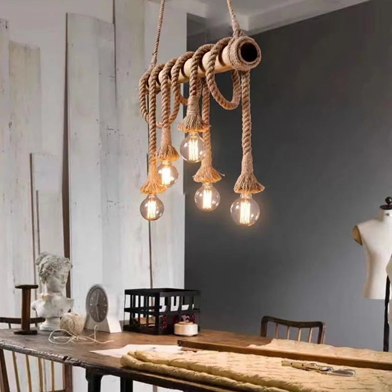 Rope Pendant Light RP0005 Vintage Bamboo Chandelier for Kitchens & Industrial Spaces