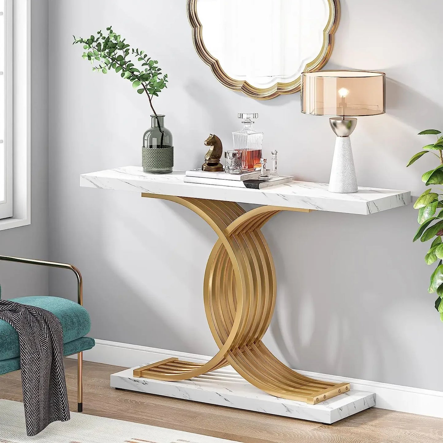 Luxury Geometric 39 Inch Faux Marble Console Table for Your Home