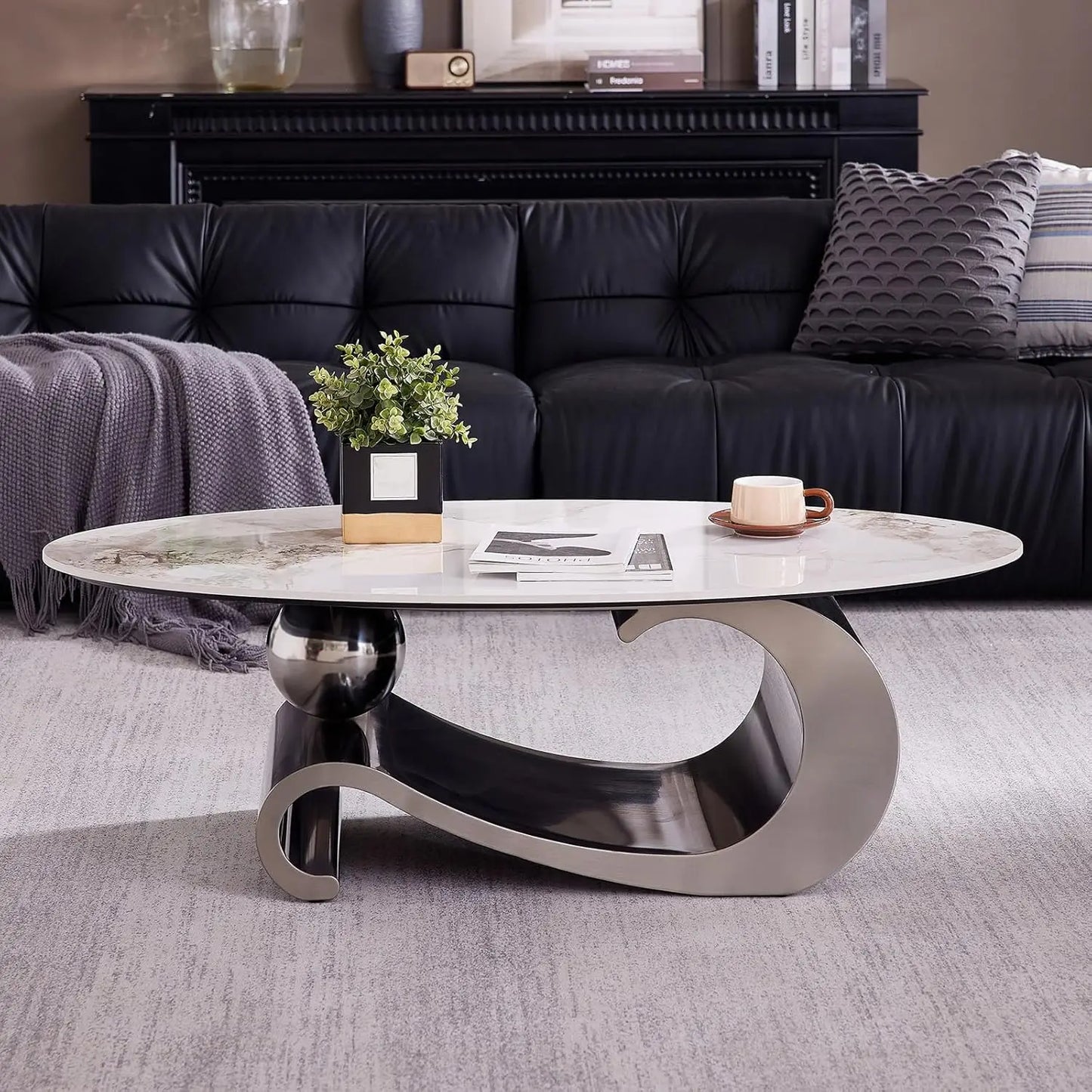 Modern Oval Stone Coffee Table Elegant Gray Metal Base Centerpiece for Luxury Living Rooms