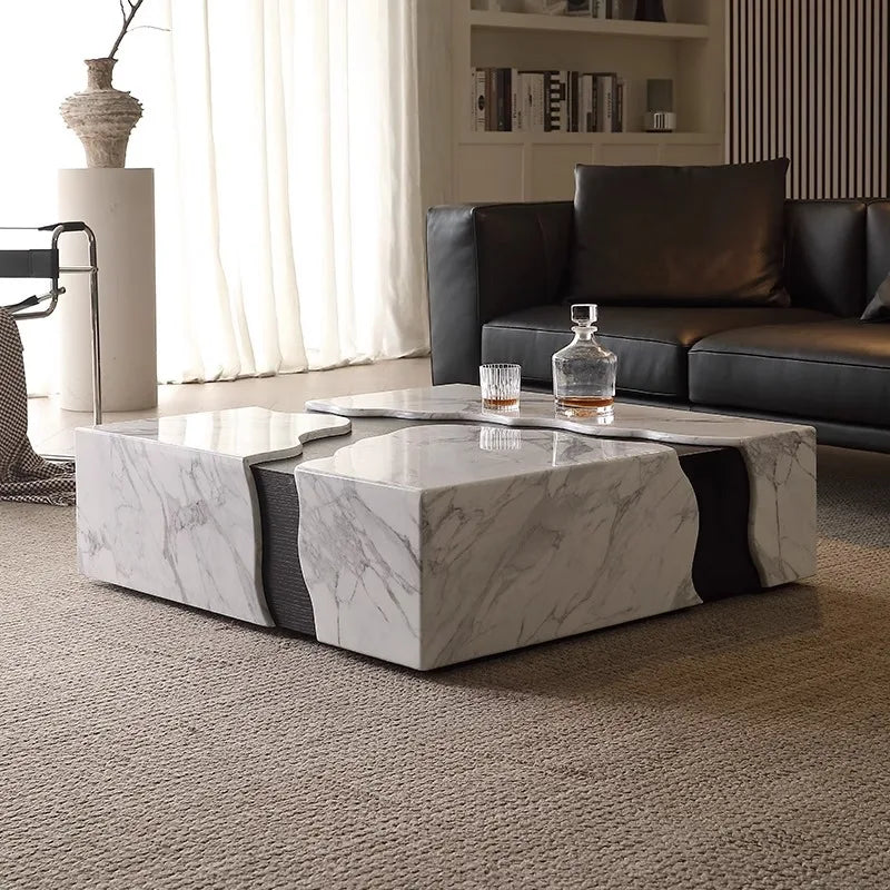 Square Marble Coffee Table With Water Flow Design for Living Room