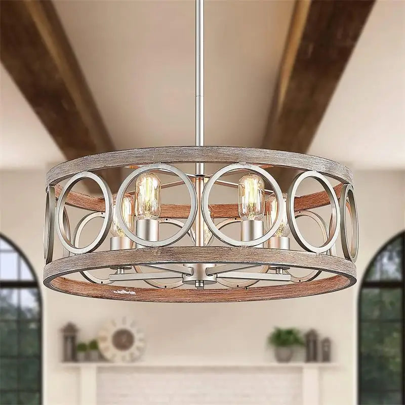 Circular Iron & Wood Grain Chandelier for Any Room