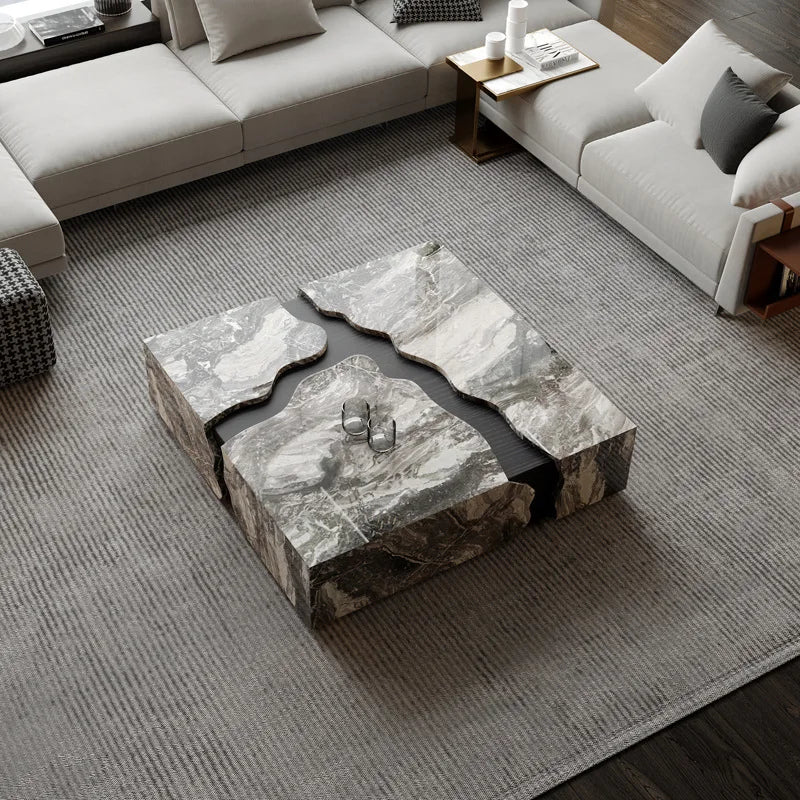 Square Marble Coffee Table With Water Flow Design for Living Room