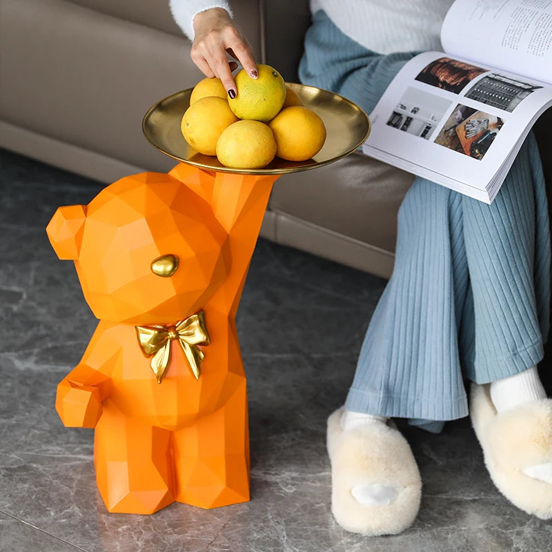 Geometric Cartoon Bear Sculpture with Tray – Stylish Animal Ornament for Modern Homes