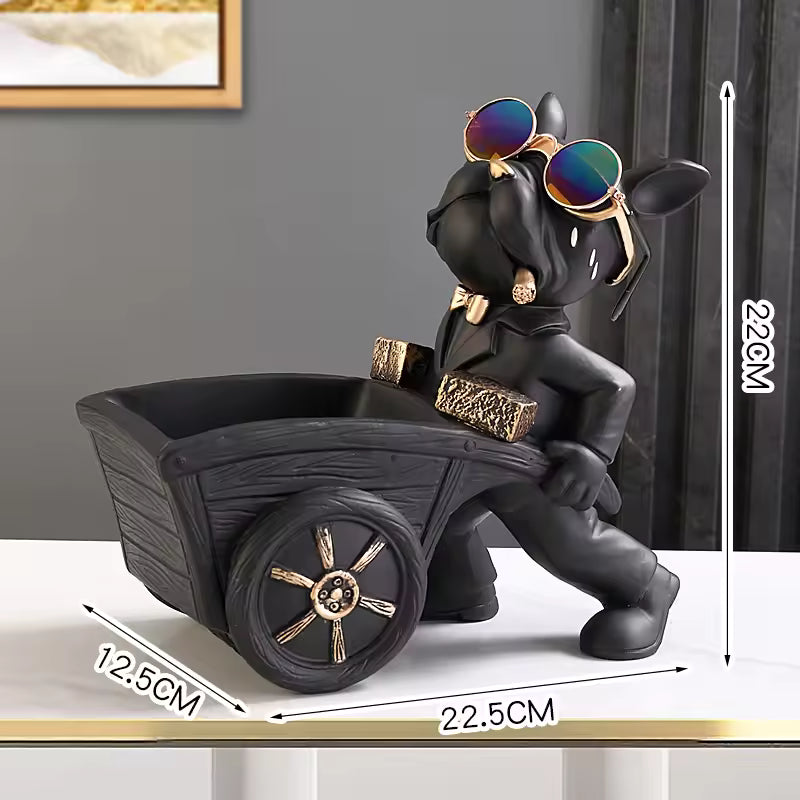 French Bulldog Resin Figurine with Wheelbarrow Decorative Dog Sculpture for Home & Table