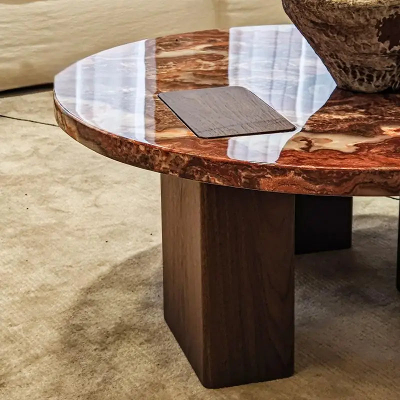 Red Marble Geometric Coffee Table Round & Square Fusion with wooden Base for Living Room
