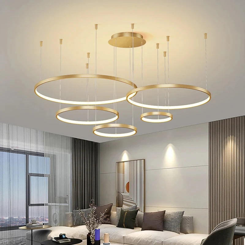 Stylish Black Rings Chandelier with Dimmable Remote for Home & Dining