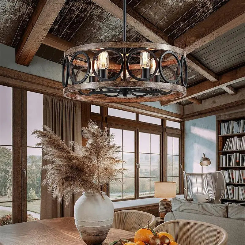 Circular Iron & Wood Grain Chandelier for Any Room