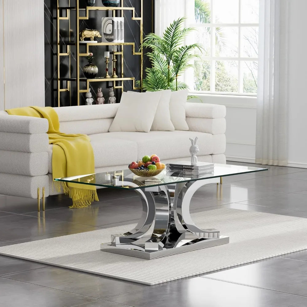 Elegant Glass Center Table – 47" Tempered Glass Coffee Table with Gold Stainless Steel Legs