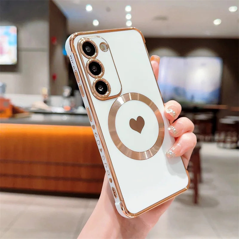 Love Heart Plating Magnetic Phone Case for Samsung Galaxy S24, S23, S22, S21 Ultra & Plus – Shockproof MagSafe Back Cover!
