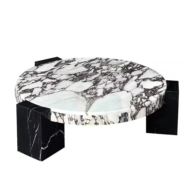 Round Top Coffee Table in Calacatta Viola & Black Marquina Marble for Living Room
