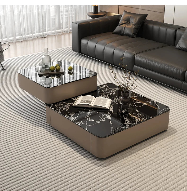 Multifunctional Italian Coffee Table Rotating, Glass & Wood, Perfect for Living Rooms