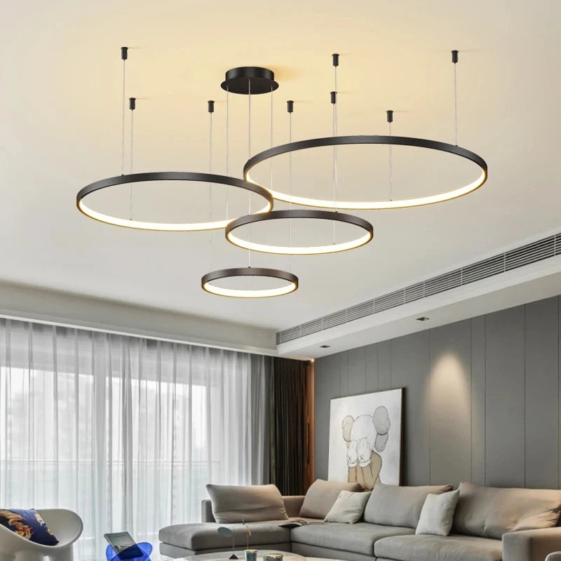 Stylish Black Rings Chandelier with Dimmable Remote for Home & Dining
