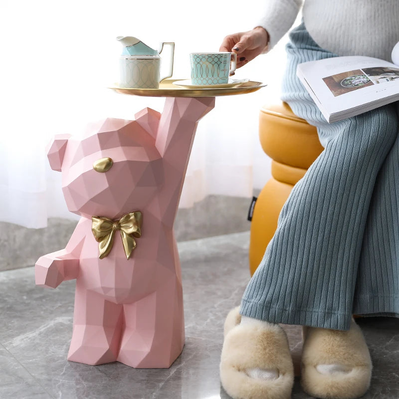 Geometric Cartoon Bear Sculpture with Tray – Stylish Animal Ornament for Modern Homes