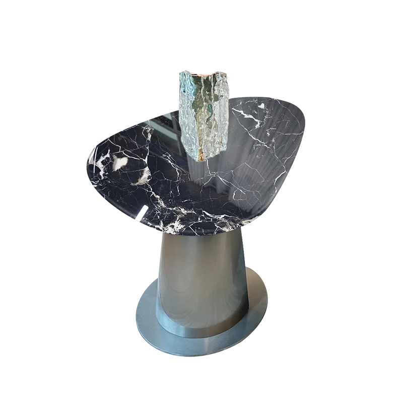 Round Natural Marble Coffee Table With Metal Base & Oval Center for Living Room