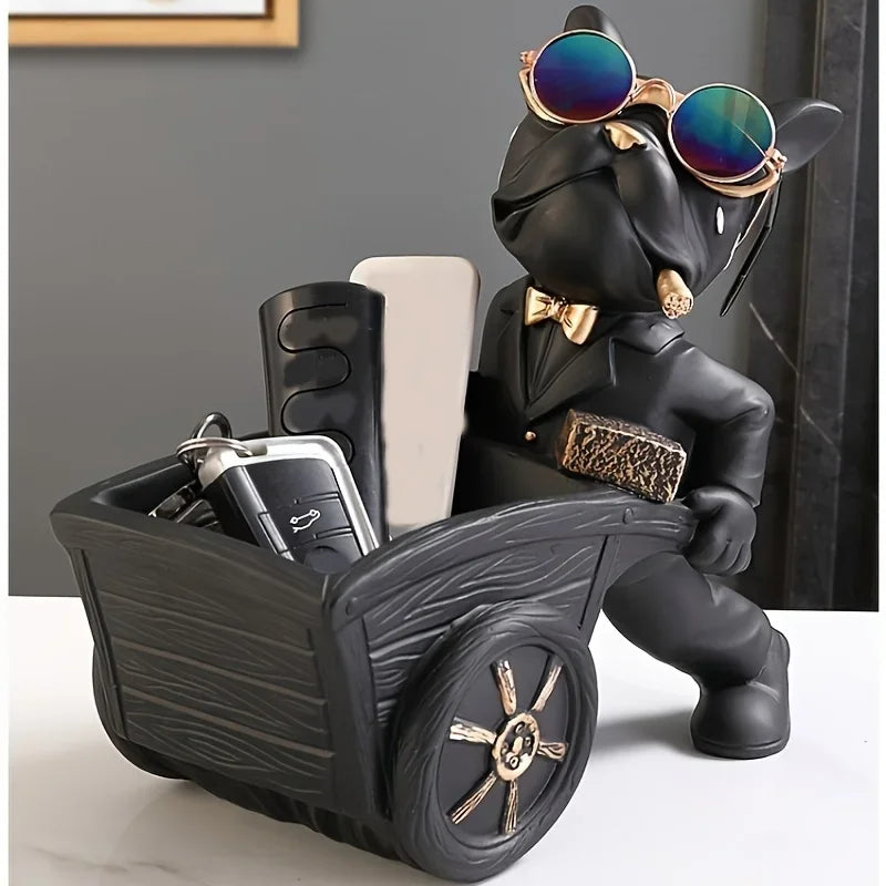 French Bulldog Resin Figurine with Wheelbarrow – Decorative Dog Sculpture for Home & Table