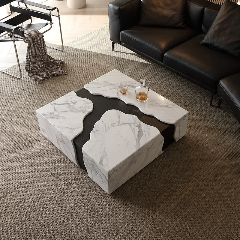 Square Marble Coffee Table With Water Flow Design for Living Room