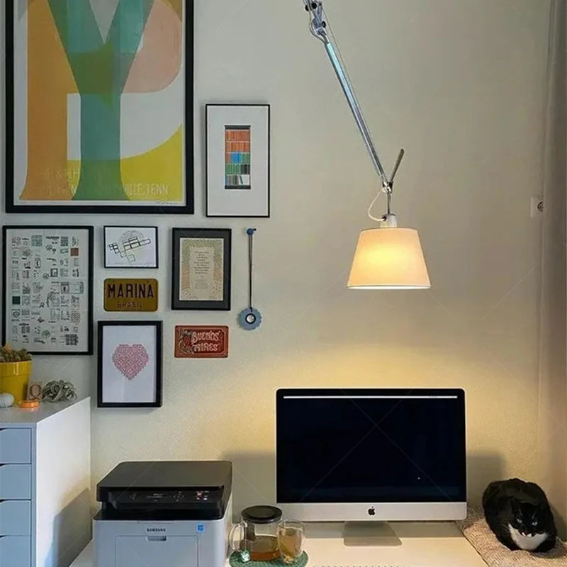 Cloth Lampshade Chandelier with Rotatable Long Arm for Restaurant, Bar, or Office