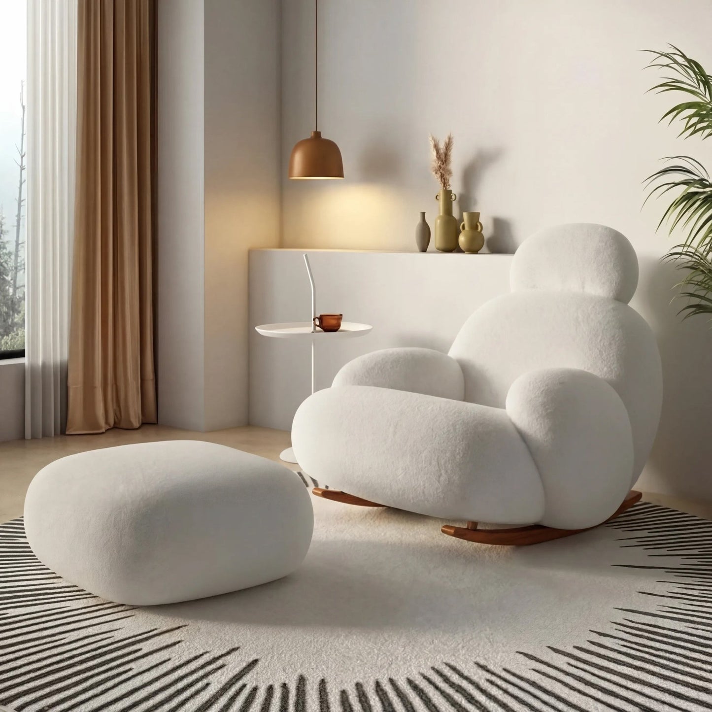 Fluffy White Lounge Chair Cute Modern Ergonomic Floor Recliner for Living Room
