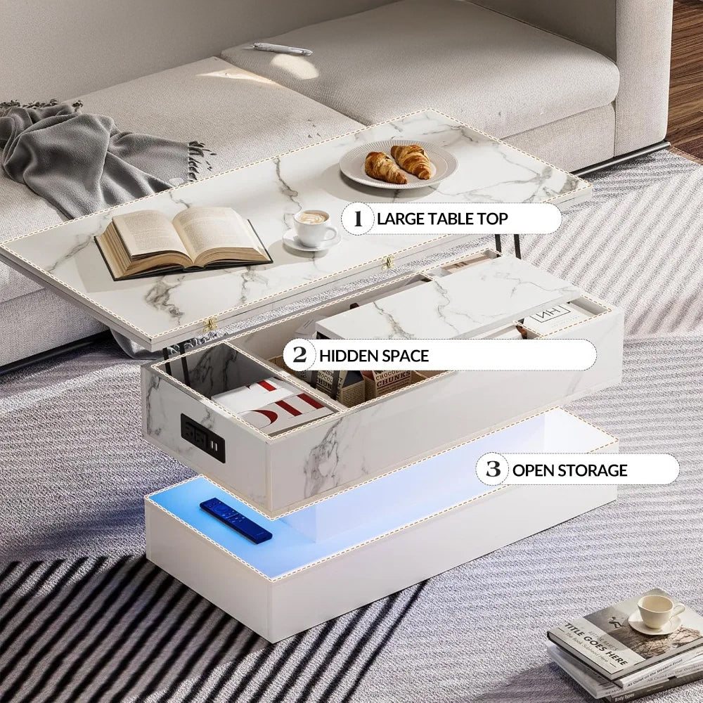 Lift Top LED Coffee Table with Hidden Storage & Convenient Charging Station for Futuristic Homes