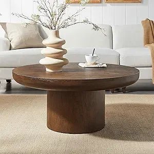 Round Drum Coffee Table Solid Wood Farmhouse Centerpiece for Modern Living Rooms