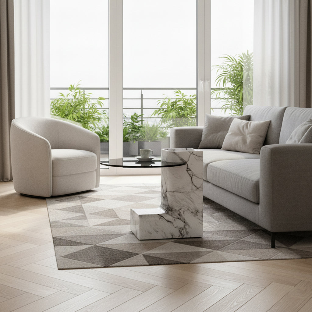 Round Top Coffee Table in Calacatta Viola & Black Marquina Marble for Living Room