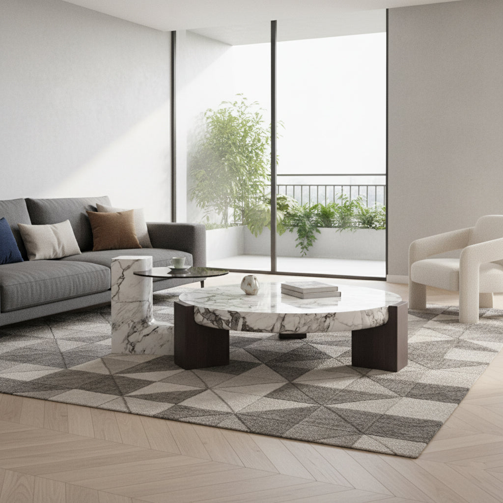 Round Top Coffee Table in Calacatta Viola & Black Marquina Marble for Living Room