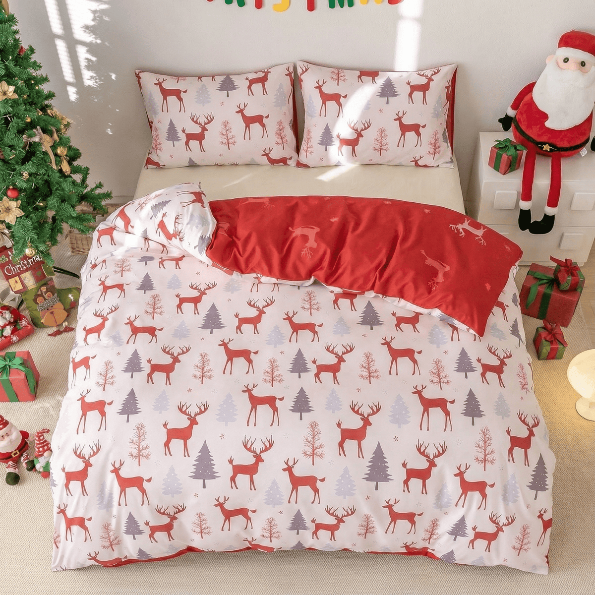 Skin Friendly Christmas Bedding Reindeer & Snowman 3PCS Duvet Cover Set