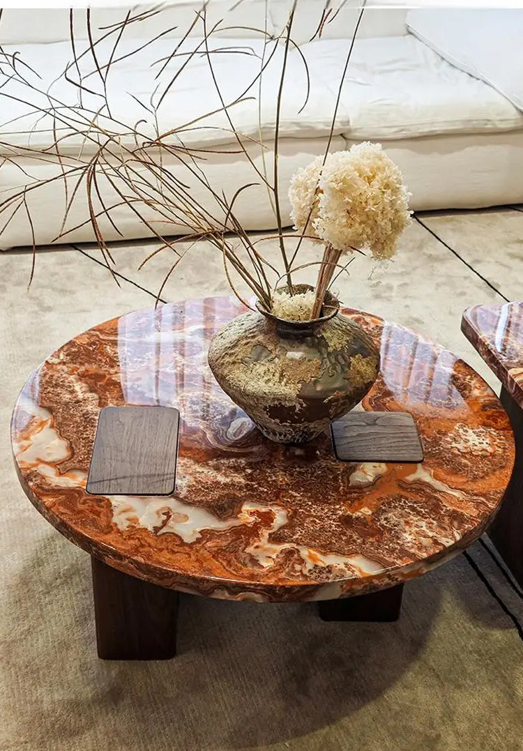 Red Marble Geometric Coffee Table Round & Square Fusion with wooden Base for Living Room