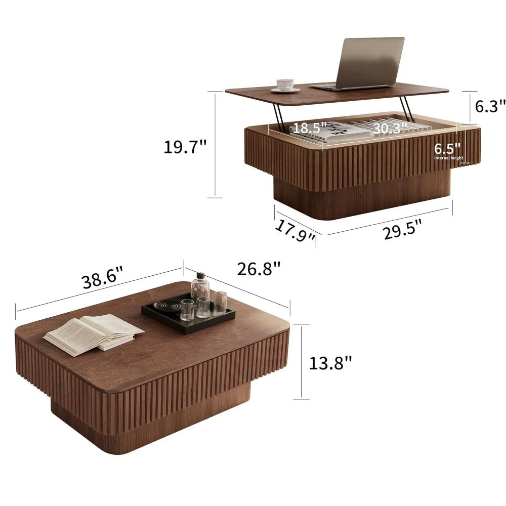 Modern Fluted Square Lift Top Coffee Table with Smart Hidden Storage for Modern Interiors