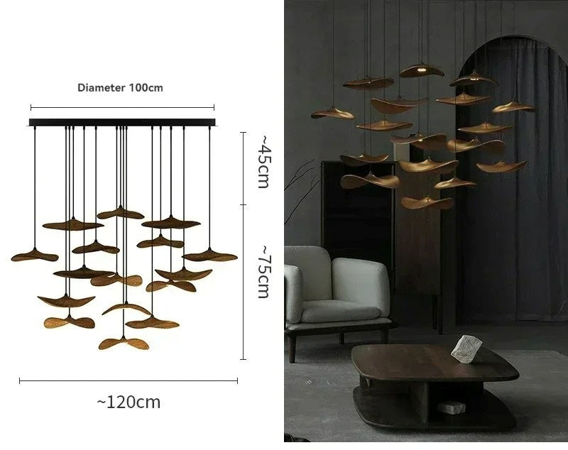 Japanese Lotus Leaf Chandelier Wabi Sabi Wooden Art Light for Zen Villas & Luxury Dining Spaces