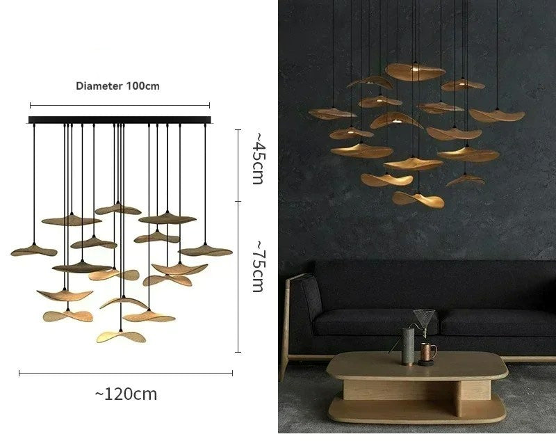 Japanese Lotus Leaf Chandelier Wabi Sabi Wooden Art Light for Zen Villas & Luxury Dining Spaces