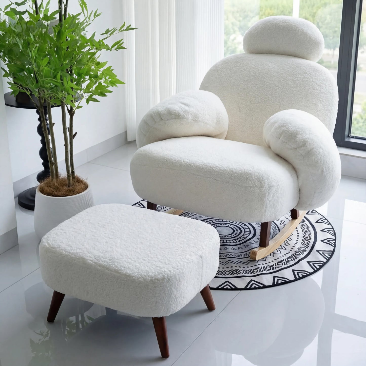 Fluffy White Lounge Chair Cute Modern Ergonomic Floor Recliner for Living Room