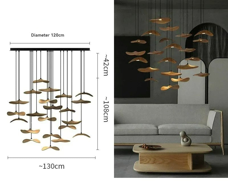 Japanese Lotus Leaf Chandelier Wabi Sabi Wooden Art Light for Zen Villas & Luxury Dining Spaces
