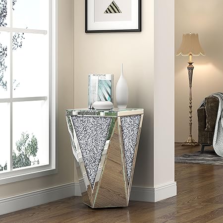 Crystal Diamond Mirrored Coffee Table – Silver Glass Side Table for Hallway & Home Decor