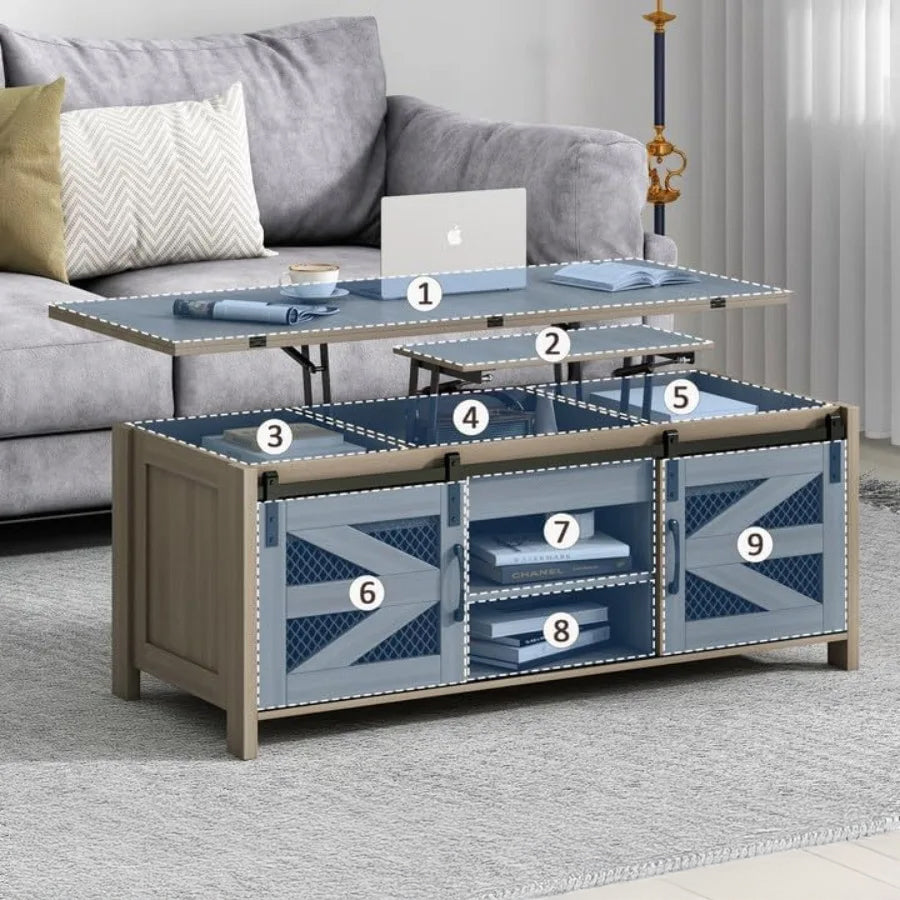 Lift Top Coffee Table with Hidden Storage, Sliding Barn Doors & Game-Changing Functionality for Living Room