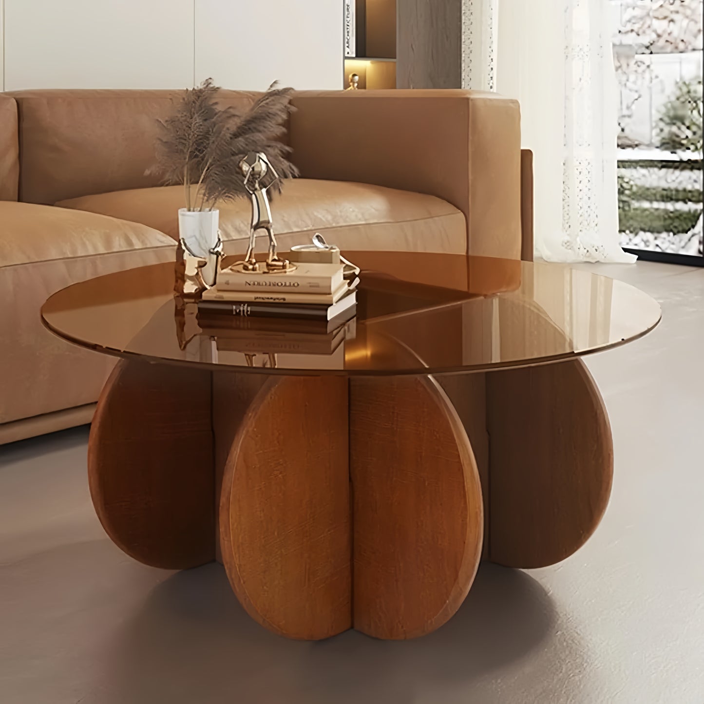Modern Round Coffee Table With Solid Wood Legs for Living Room