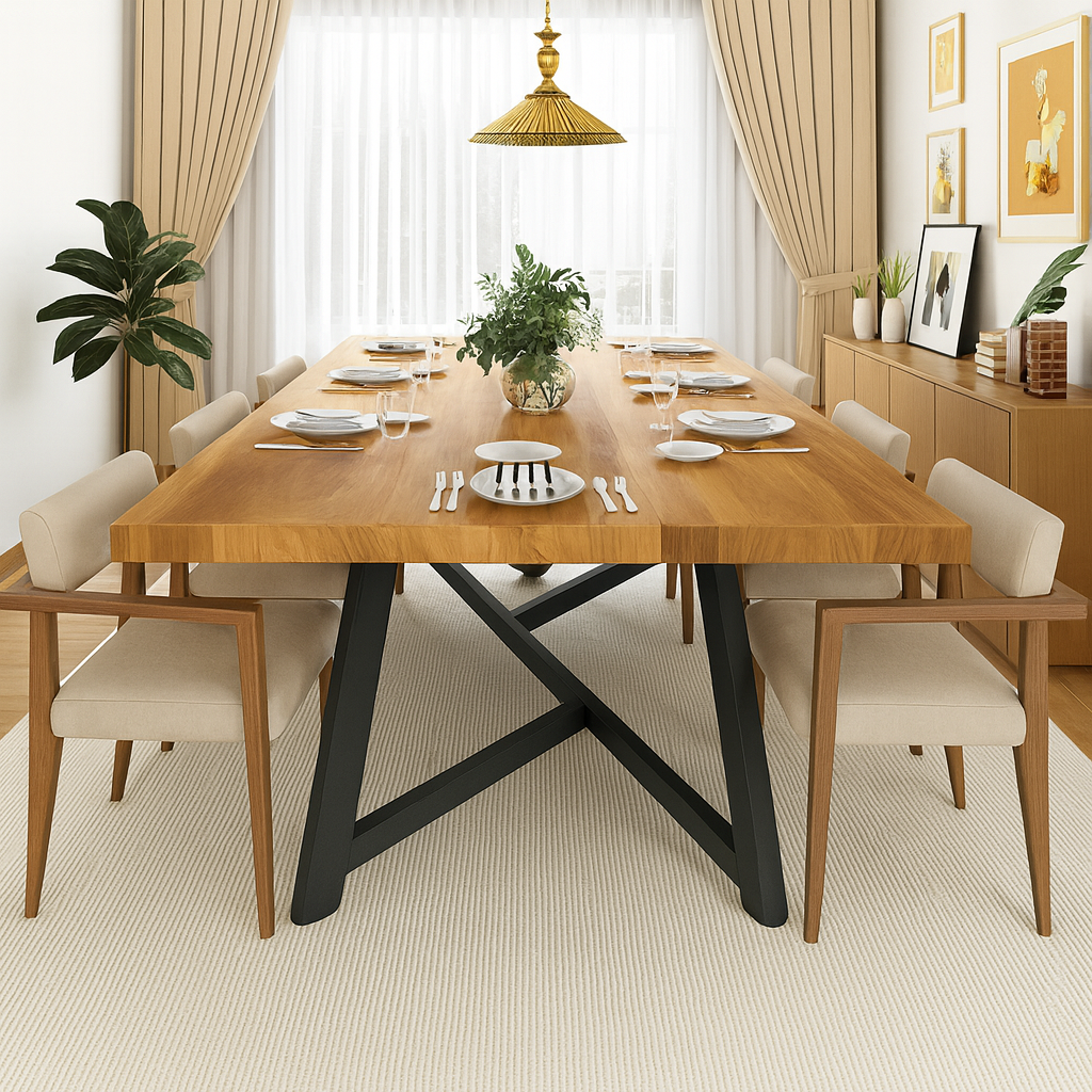 Solid Wood Rectangular Dining Table with Adjustable Metal Legs for Large Kitchens & Homes
