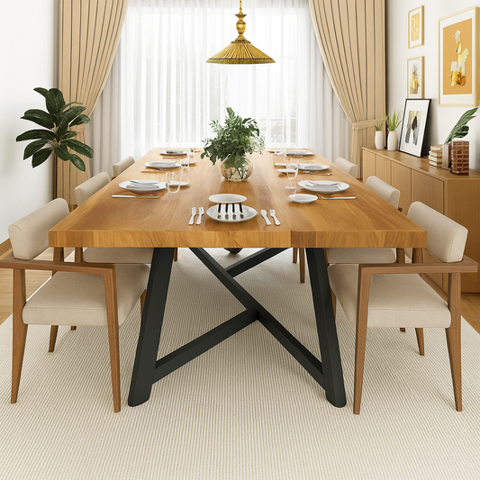 Solid Wood Rectangular Dining Table with Adjustable Metal Legs for Large Kitchens & Homes
