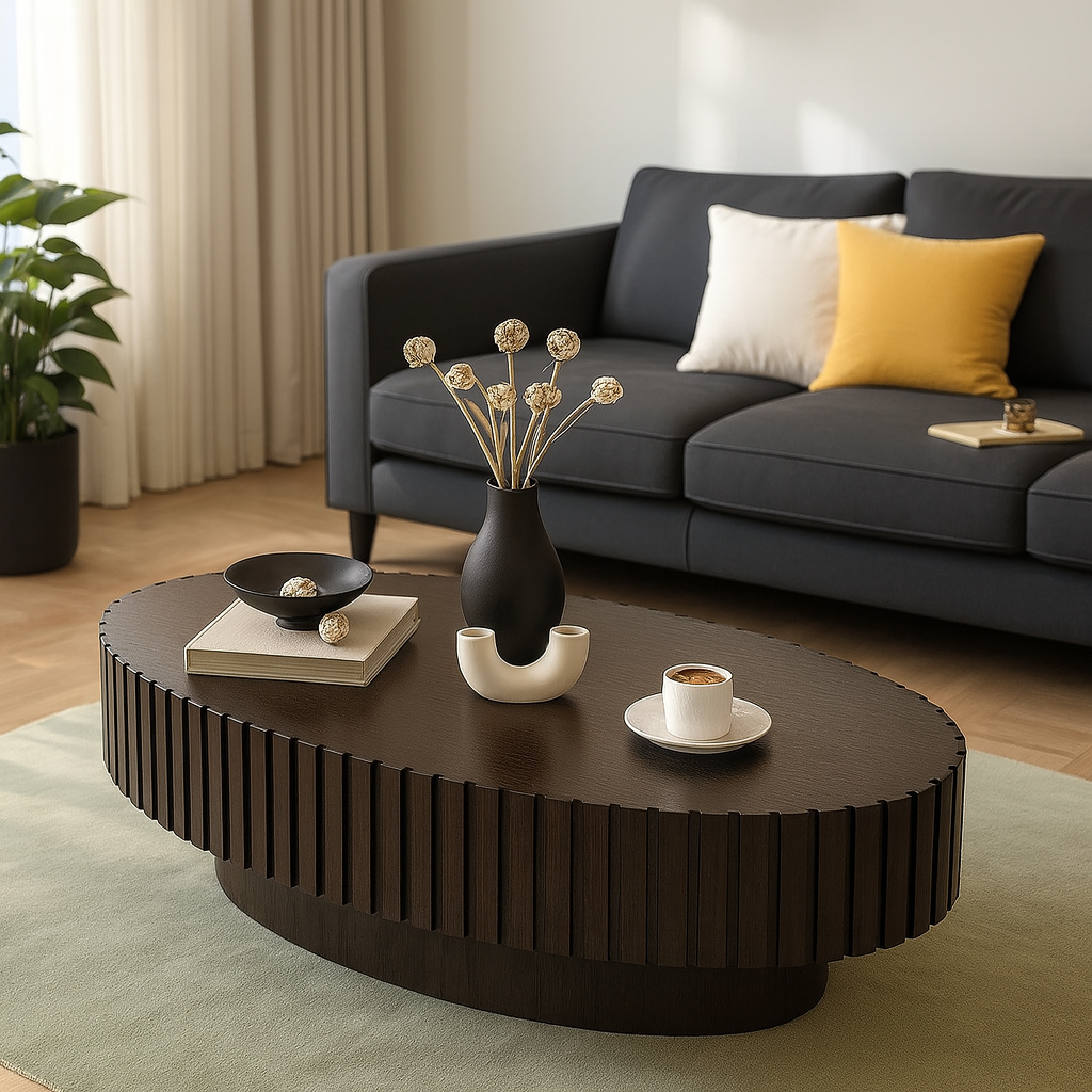 Luxury Oval Coffee Table with Handcrafted Drum Base & Fluted Wood Finish