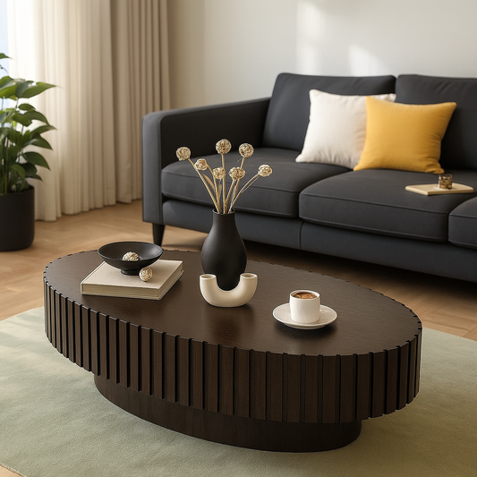 Luxury Oval Coffee Table with Handcrafted Drum Base & Fluted Wood Finish