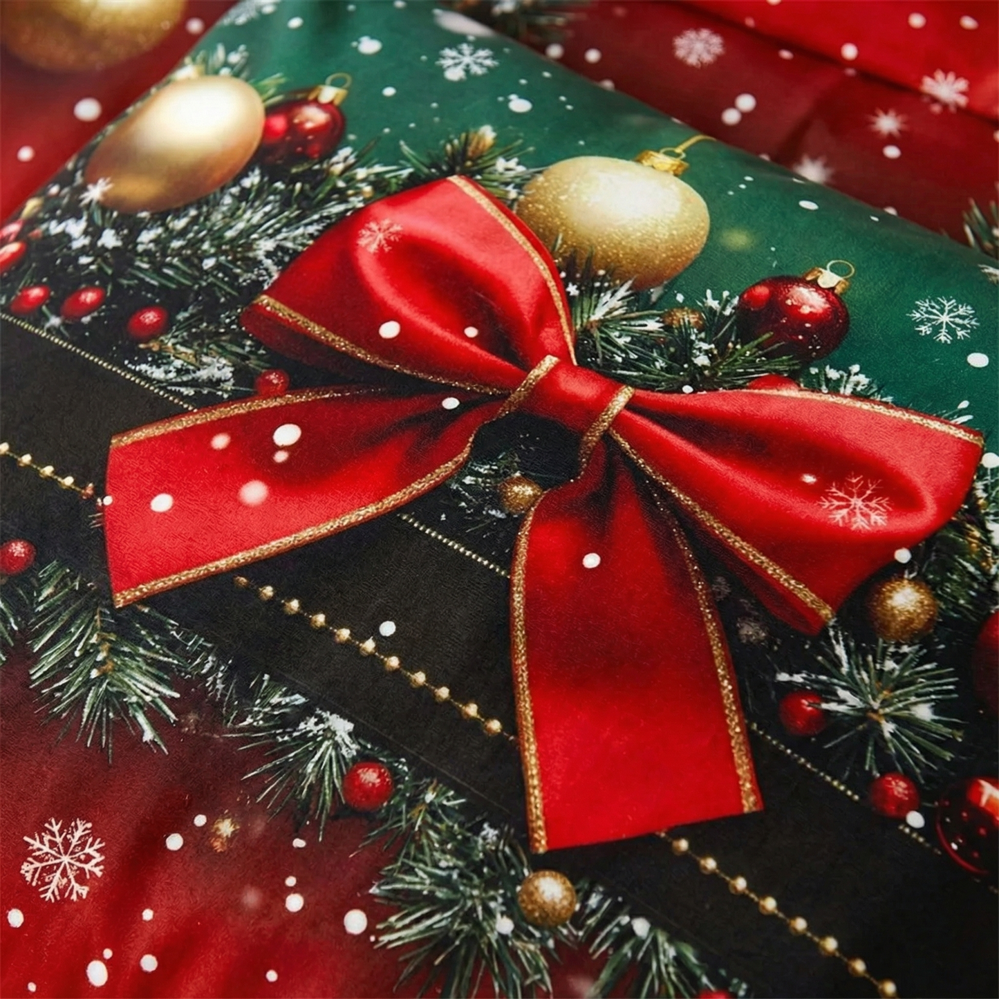 Christmas Bedding Set Green & Red Bow Print Cozy Duvet Cover in All Sizes