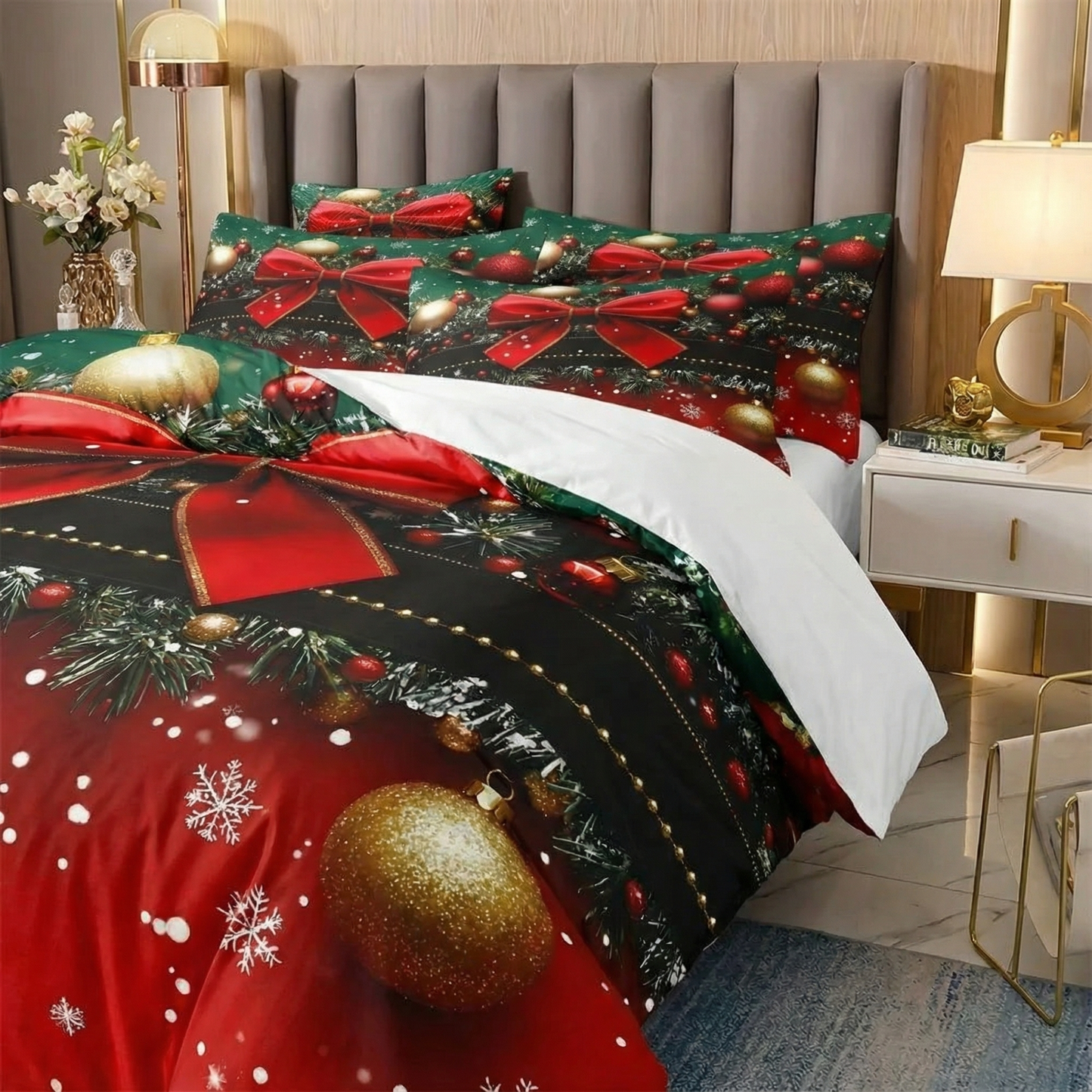 Christmas Bedding Set Green & Red Bow Print Cozy Duvet Cover in All Sizes