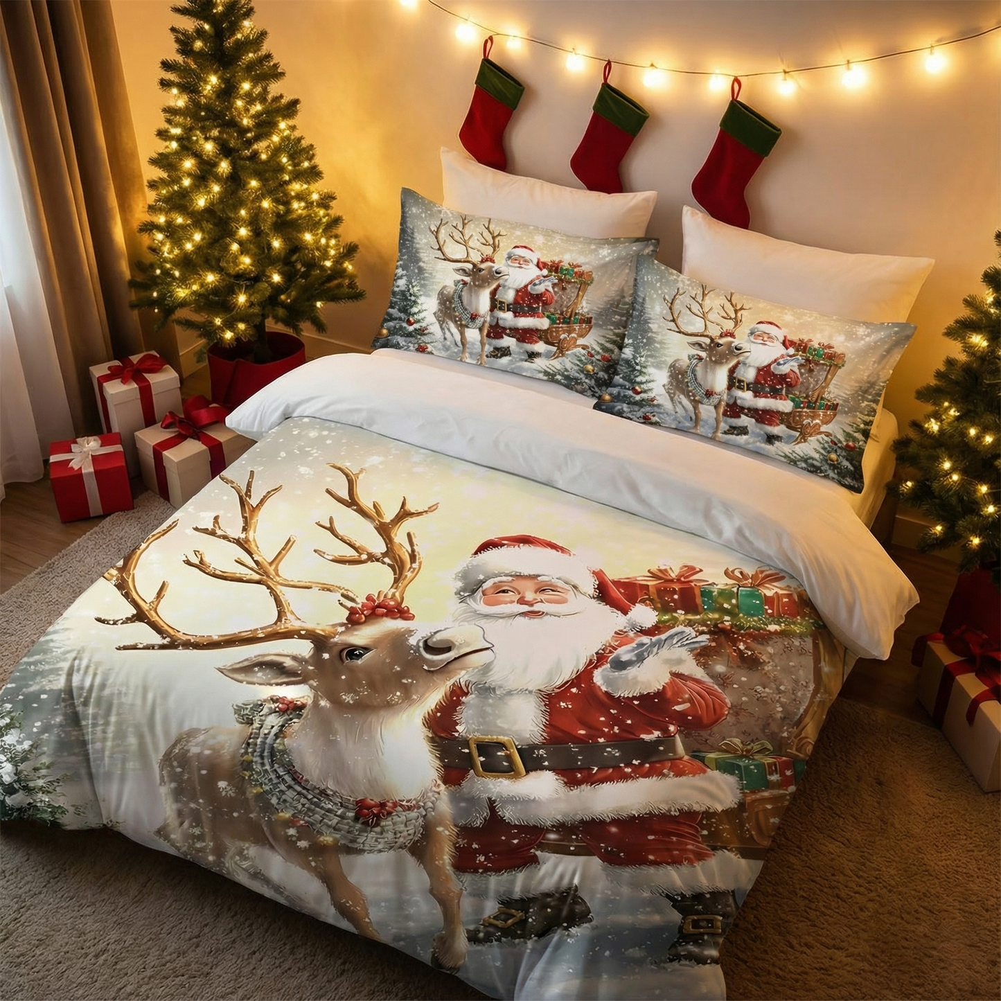 Santa Claus Bedding Set 3PCS Ultra-Soft, Coreless Machine Washable Holiday Special