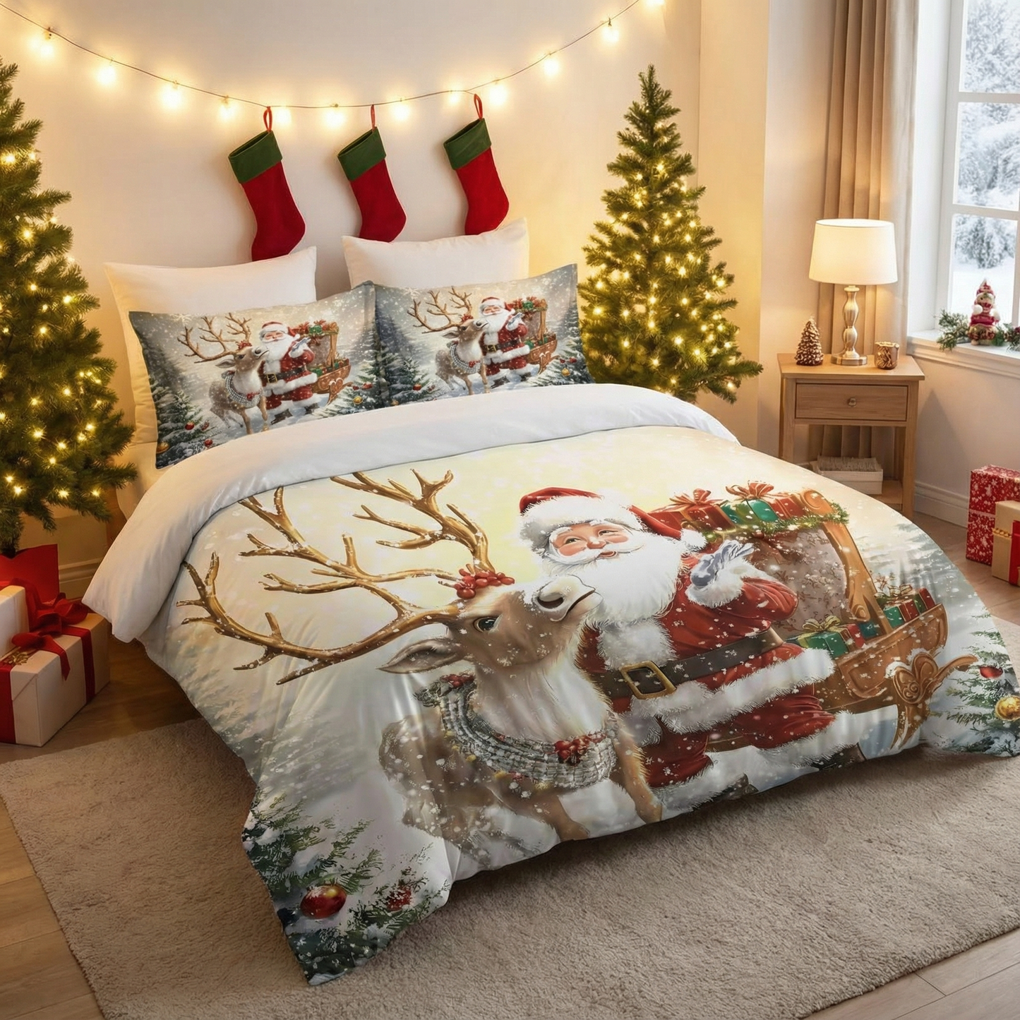 Santa Claus Bedding Set 3PCS Ultra-Soft, Coreless Machine Washable Holiday Special