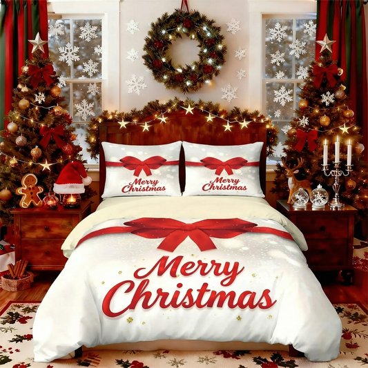 Merry Christmas Bedding Set Red Bow Print Multi Size Holiday Collection