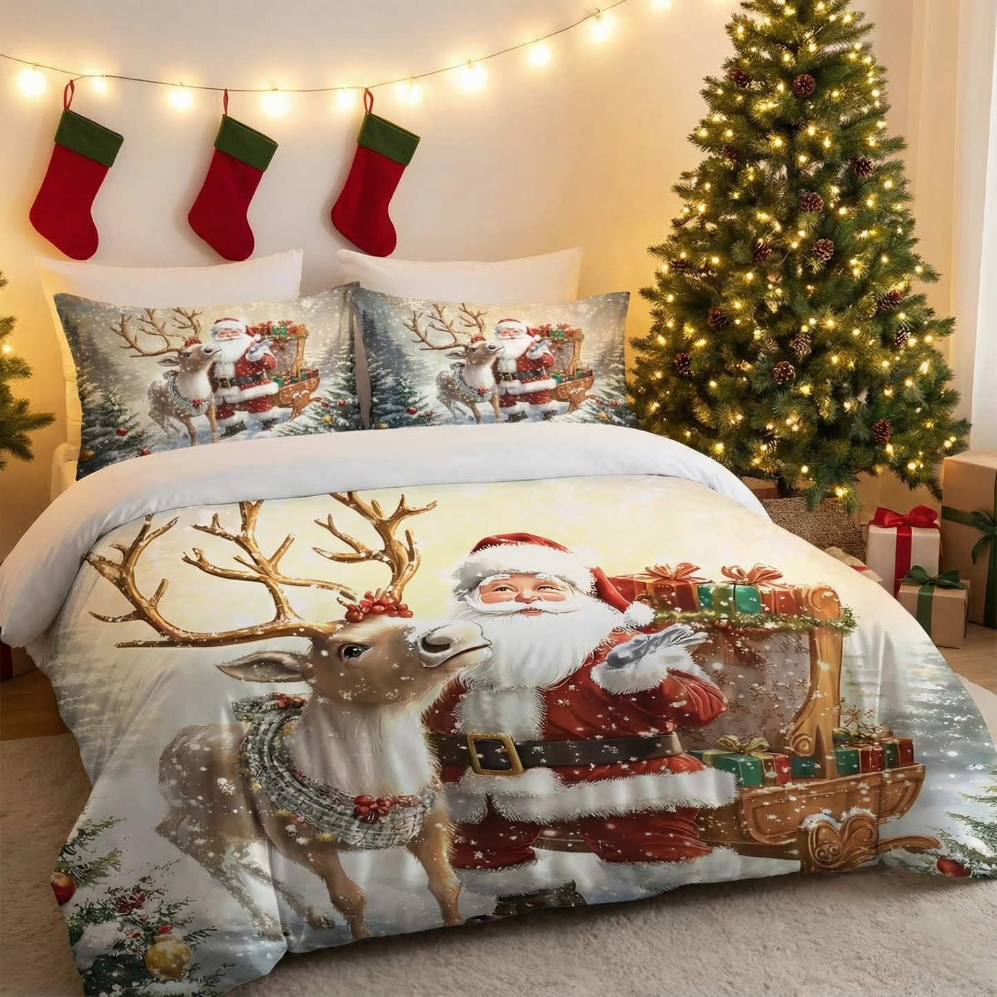 Santa Claus Bedding Set 3PCS Ultra-Soft, Coreless Machine Washable Holiday Special