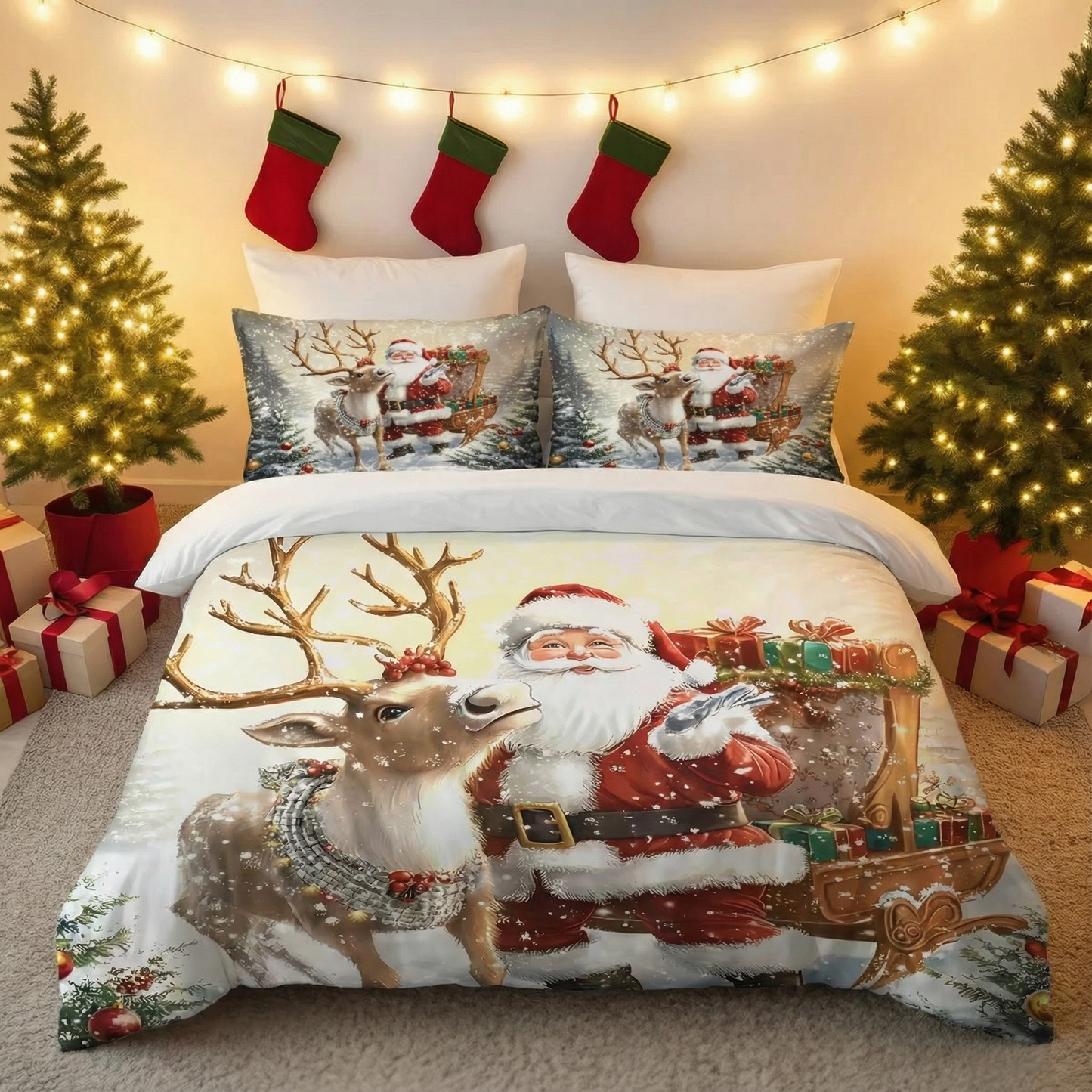 Santa Claus Bedding Set 3PCS Ultra-Soft, Coreless Machine Washable Holiday Special